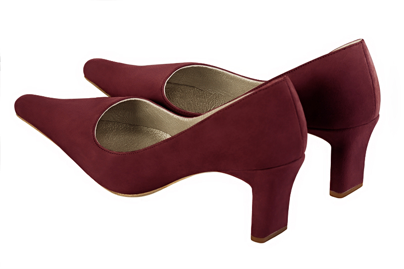 Burgundy red women's dress pumps,with a square neckline. Pointed toe. Medium comma heels. Rear view - Florence KOOIJMAN